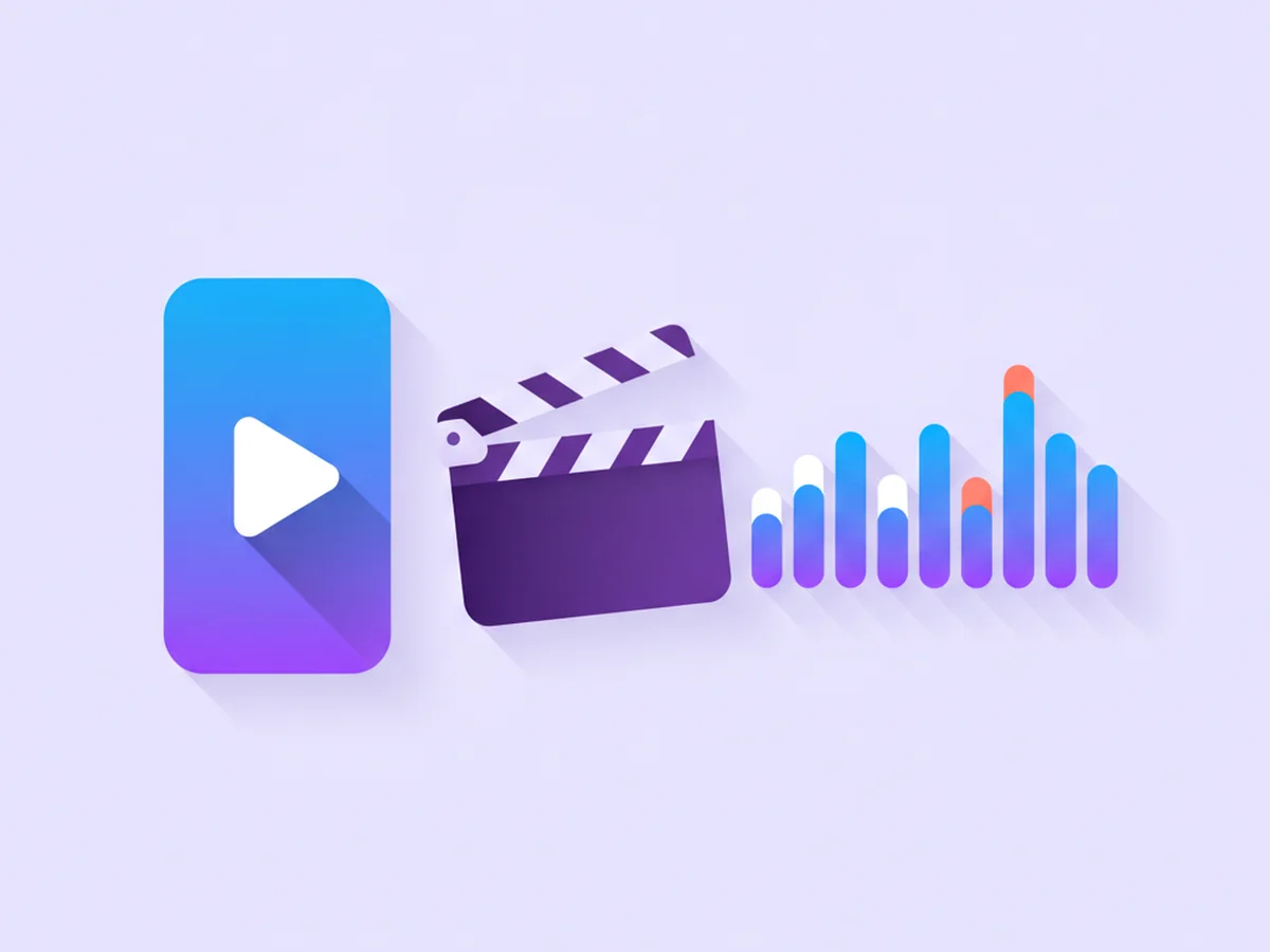 Ilustración de producción audiovisual médica con claqueta, botón de reproducción y niveles de audio